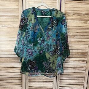 Carole Little Multicolor Paisley V-Neck Blouse 100% Silk Size 2X
